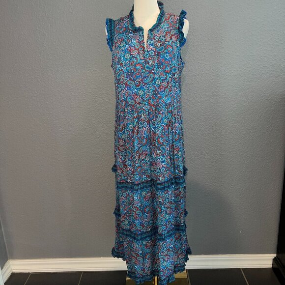 J. JILL COASTAL RUFFLES Midi Dress Royal Blue Paisley Print - New with Tags - S - Picture 1 of 16